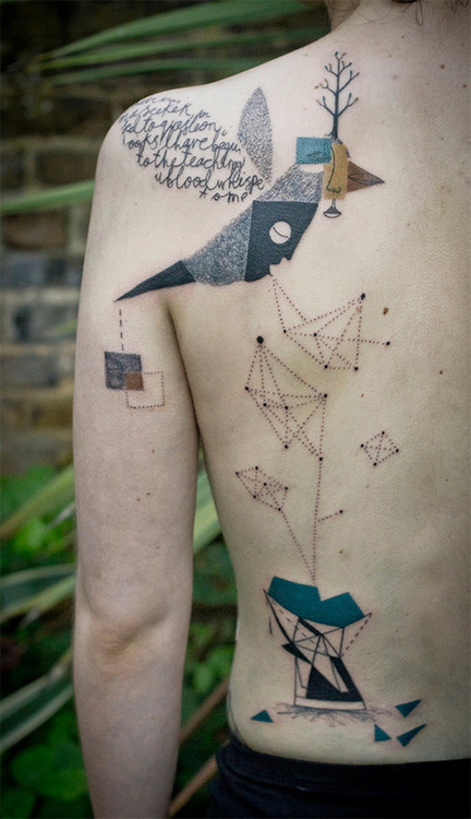 Creative geometrical birds back tattoo