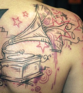 Creative gramophone back tattoo