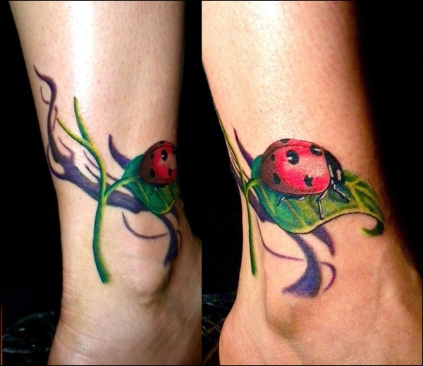 Cute ladybug and leaf tattoo