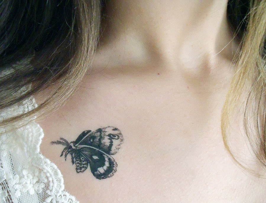 Cute moth collarbone tattoo