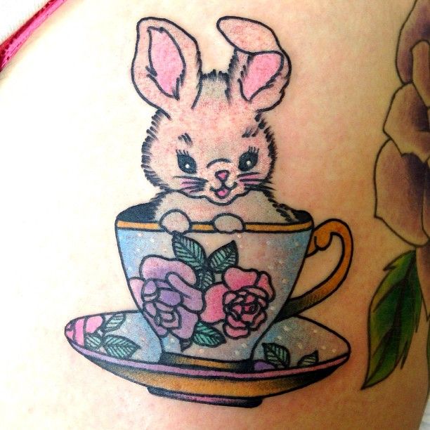 Cute rabbit in cup tattoo by lauren winzer