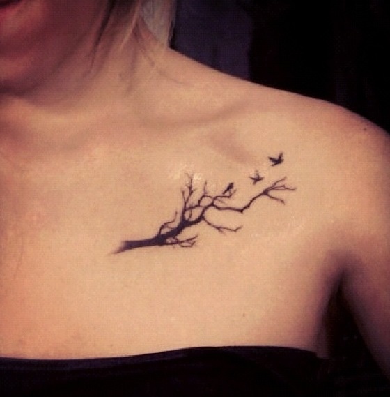 Cute tree branch and birds tattoo