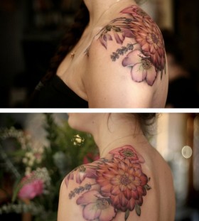 Dahlia and lavender tattoo by Alice Kendall