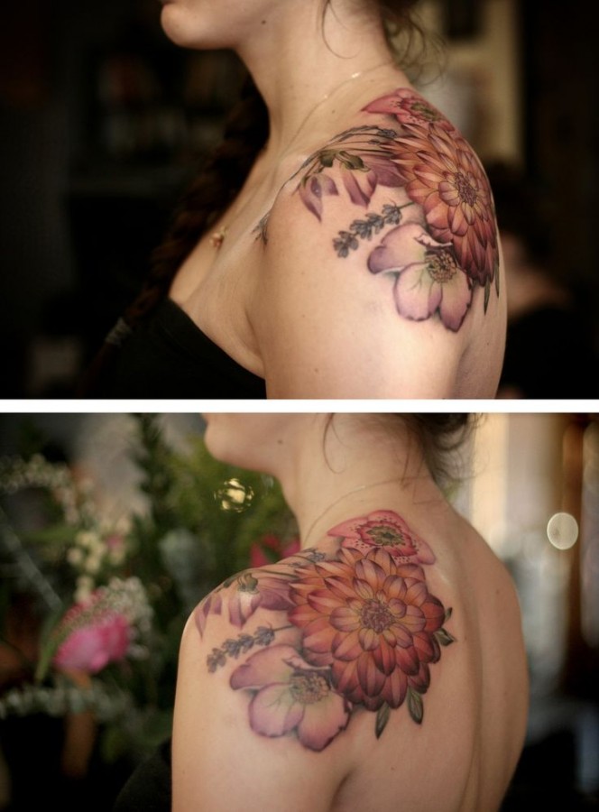 Dahlia and lavender tattoo by Alice Kendall