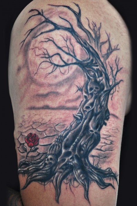 Dead tree and rose tattoo