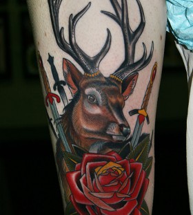 Deer and rose leg tattoo