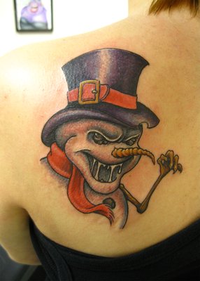 Evil snowman back tattoo