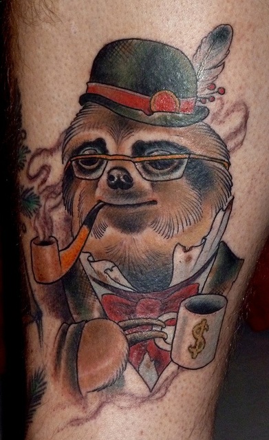 Fancy smoking sloth tattoo