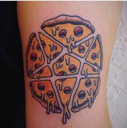 Fantastic looking pizza parts tattoo