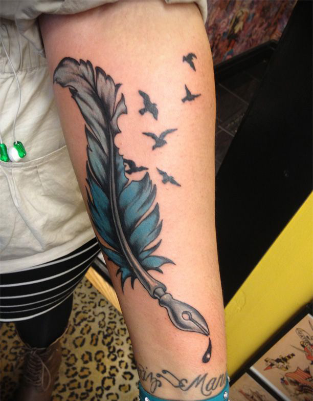 Feather pen and birds tattoo