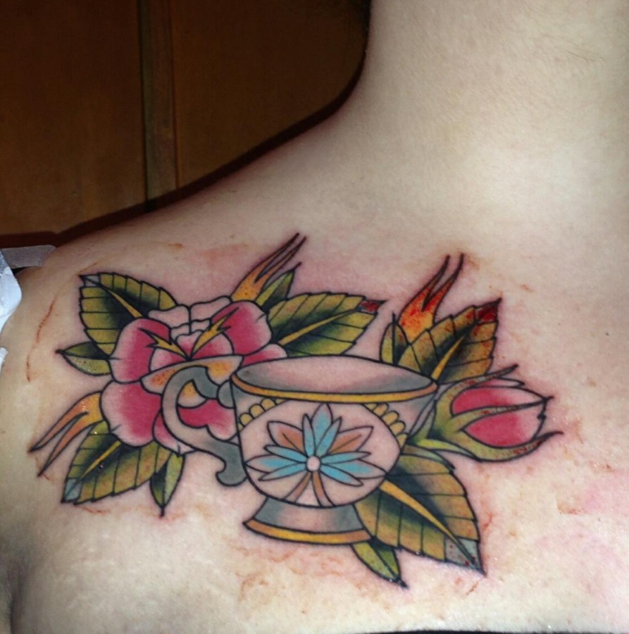 Flowers and teacup tattoo