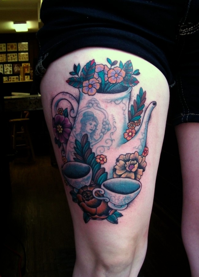 Flowers and teacups tattoo