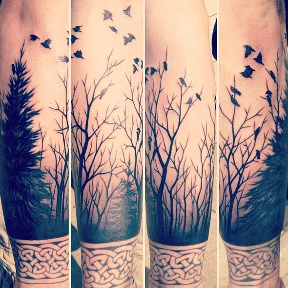 Forest, trees and tribal bird tattoo