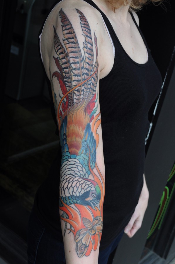 Full arm pheasant tattoo