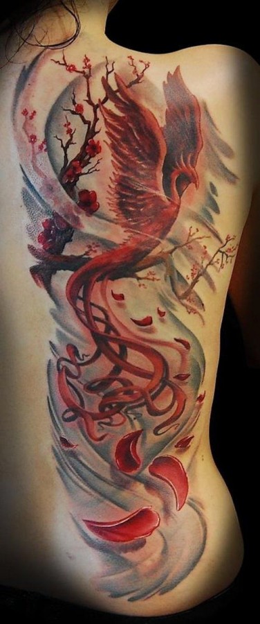 Full back red watercolor tattoo