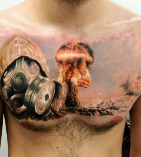 Gas mask and explosion chest tattoo