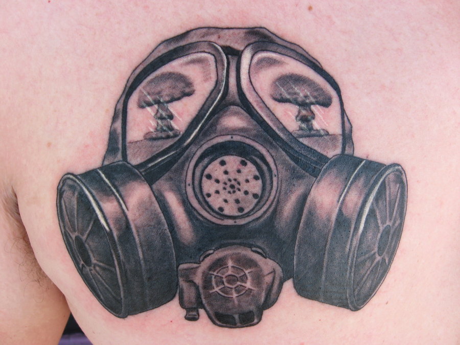 Gas mask and explosion tattoo