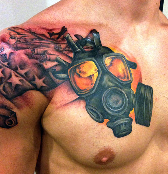 Gas mask and plane tattoo