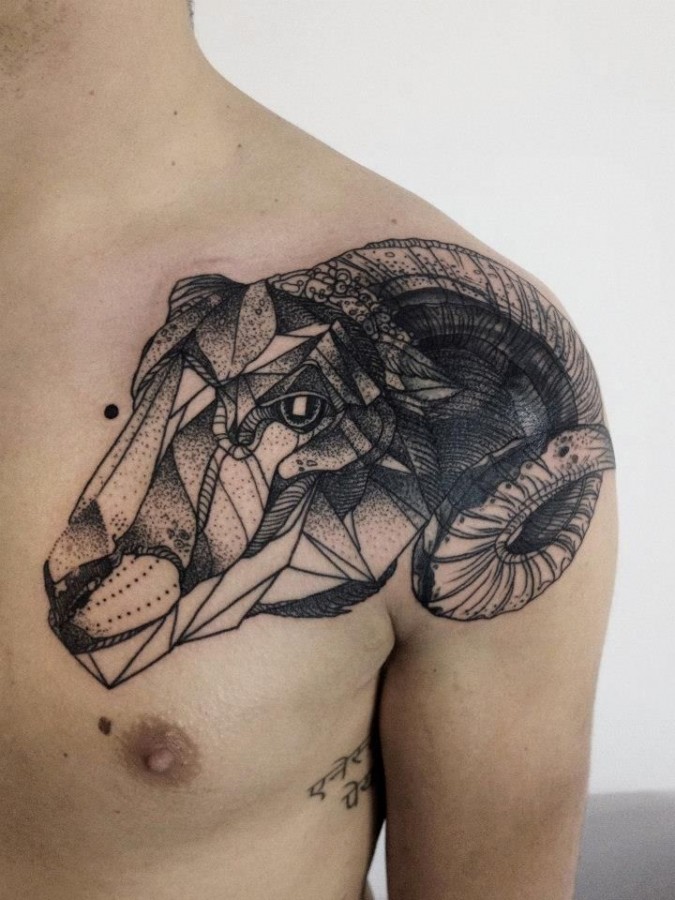 Geometric goat tattoo by Michele Zingales