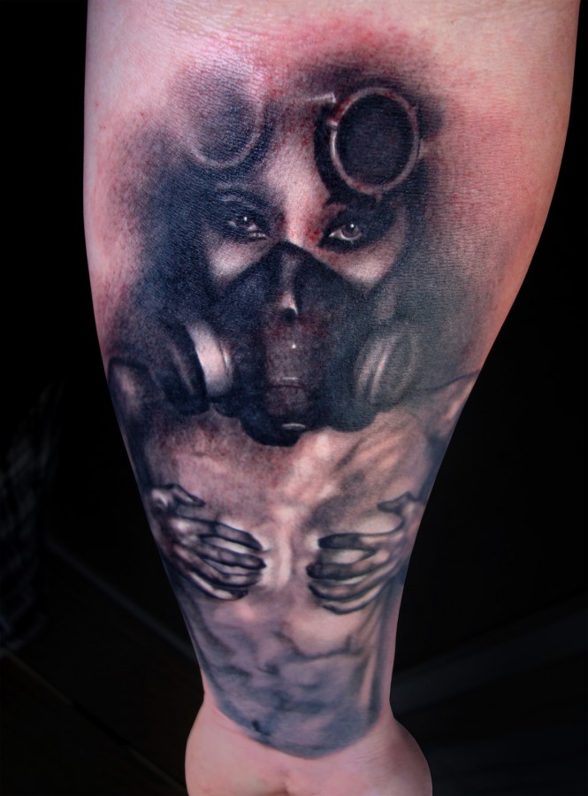 Girl with gas mask tattoo