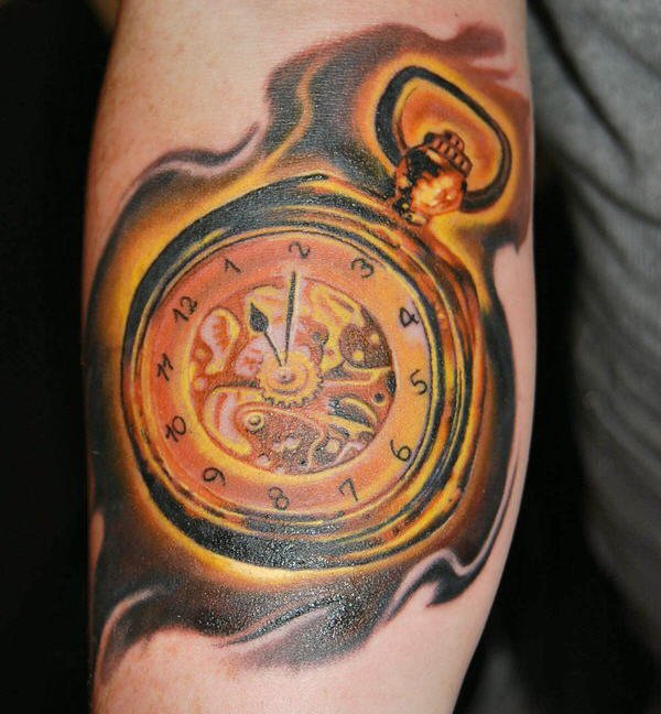 Golden pocket watch tattoo