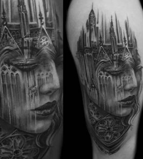 Gothic style girl's architecture tattoo