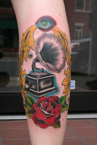 Gramophone and red rose tattoo