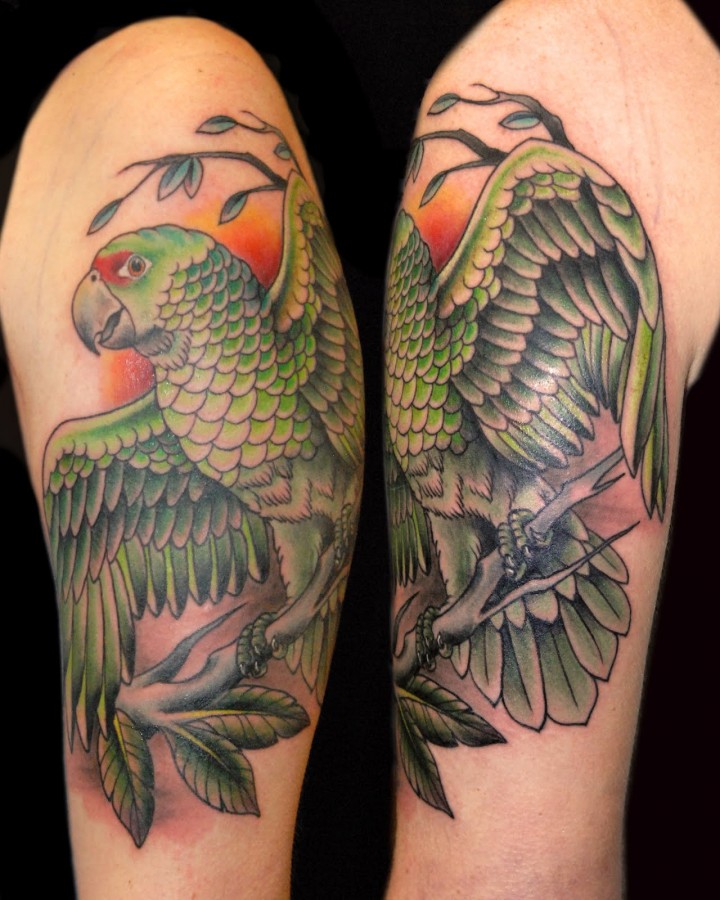 Green parrot arm tattoo