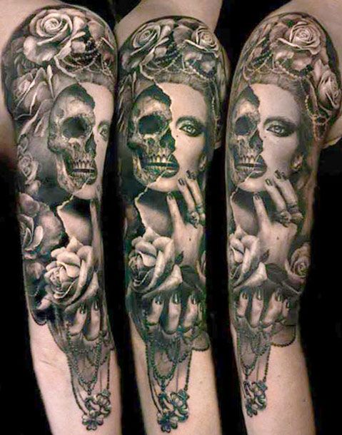 Half skull half woman tattoo by Ellen Westholm