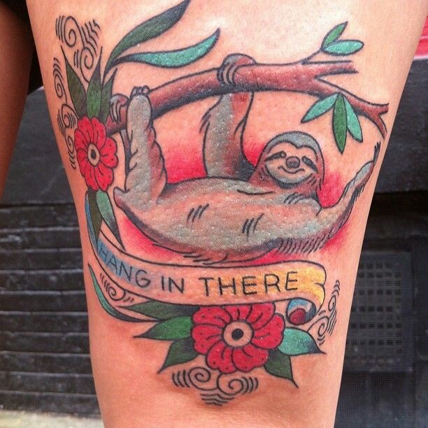 Hanging sloth and quote tattoo