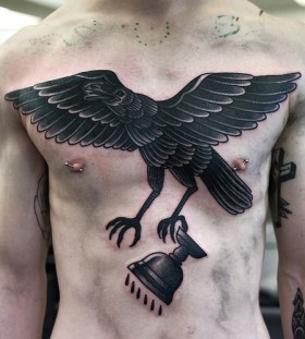 Huge crow chest tattoo by Philip Yarnell