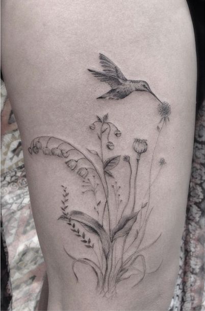 Hummingbird and flowers tattoo by Dr Woo