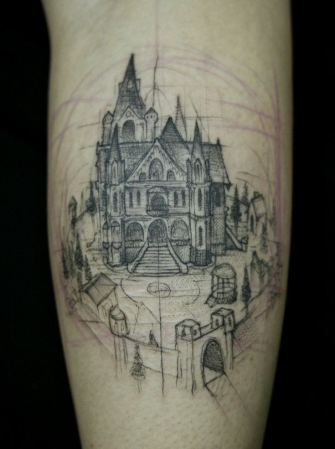 Incredible sketched architecture tattoo