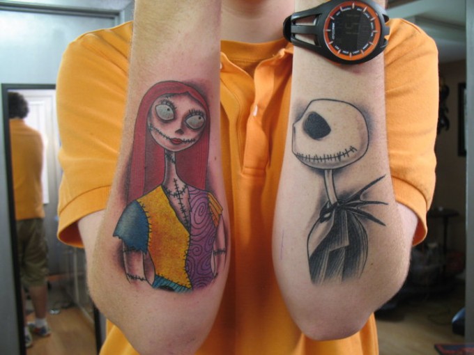 Jack and Sally arm tattoos