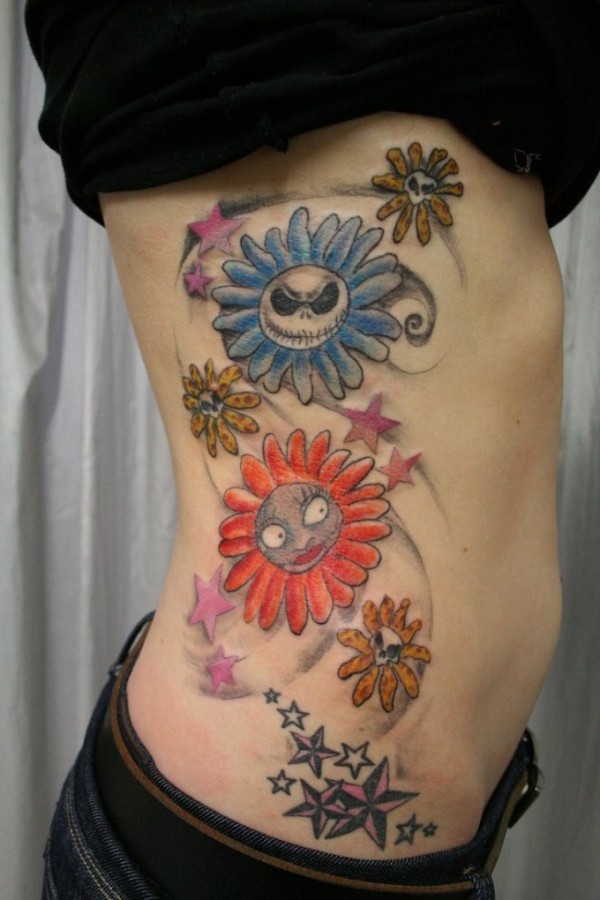 Jack and Sally flowers side tattoo