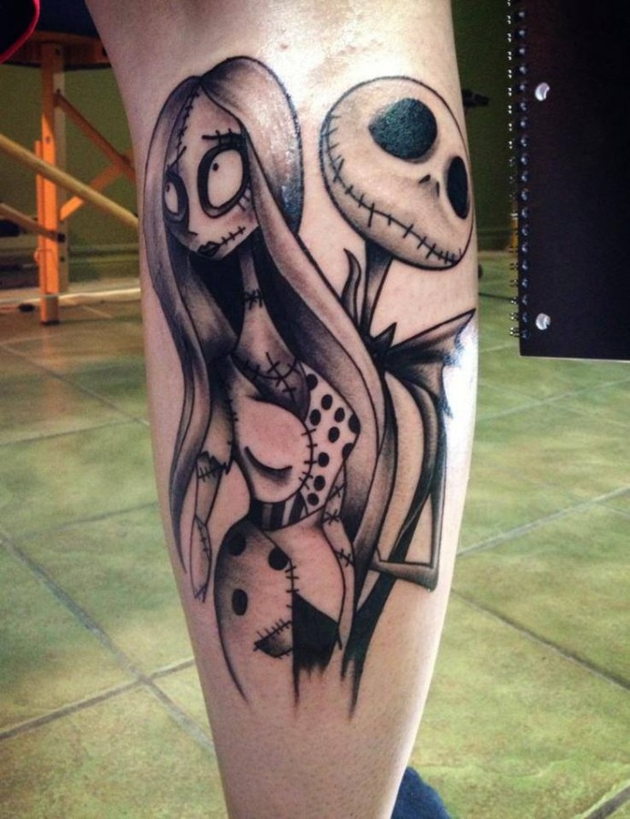 Jack and Sally leg tattoo