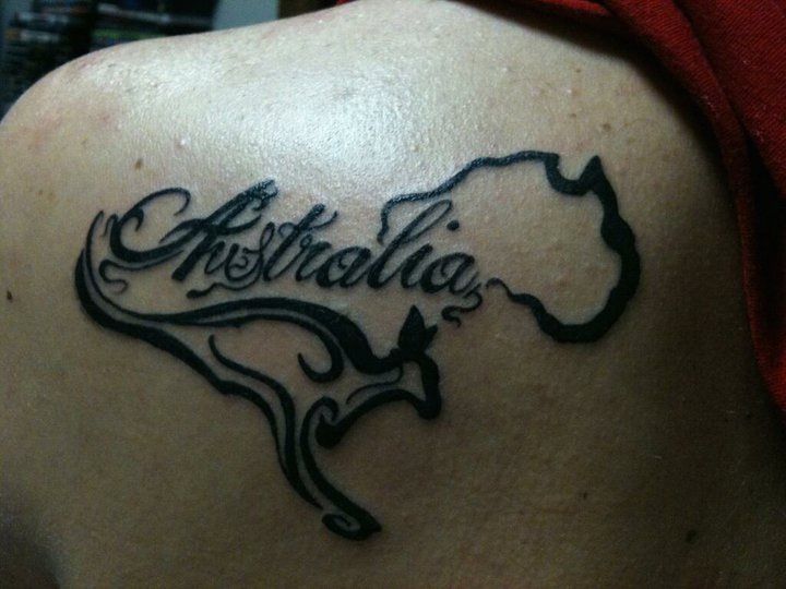 Kangaroo and Australia map tattoo