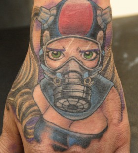 Kid with gas mask hand tattoo