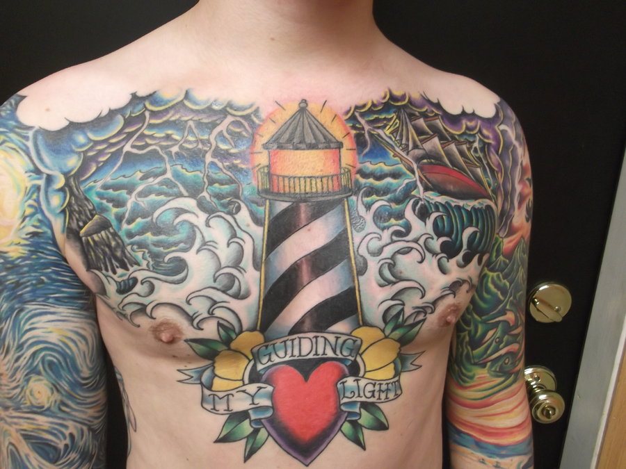 Large lighthouse chest tattoo