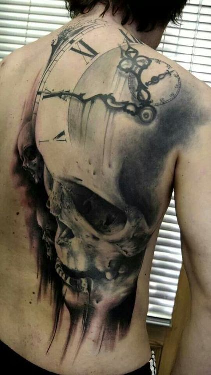 Large skull clock back tattoo
