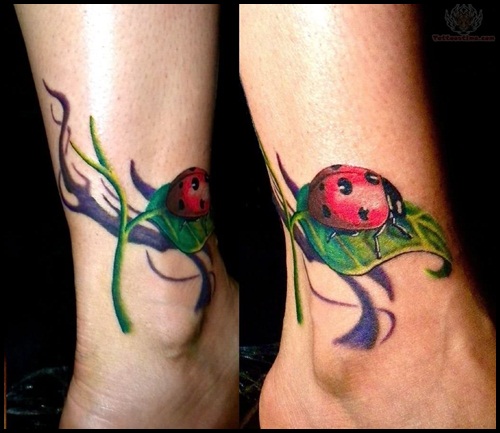 Laybug on a leaf ankle tattoo