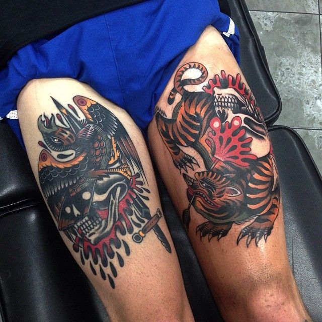 Leg tattoos of skulls and animals by James McKenna