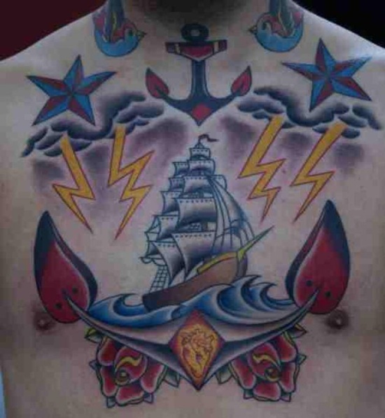 Lightning and ship tattoo