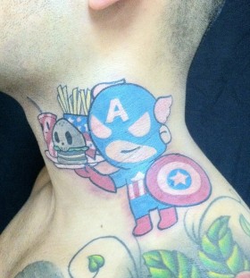 Little captain america neck tattoo