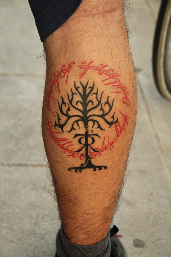 Lord of the rings theme leg tattoo