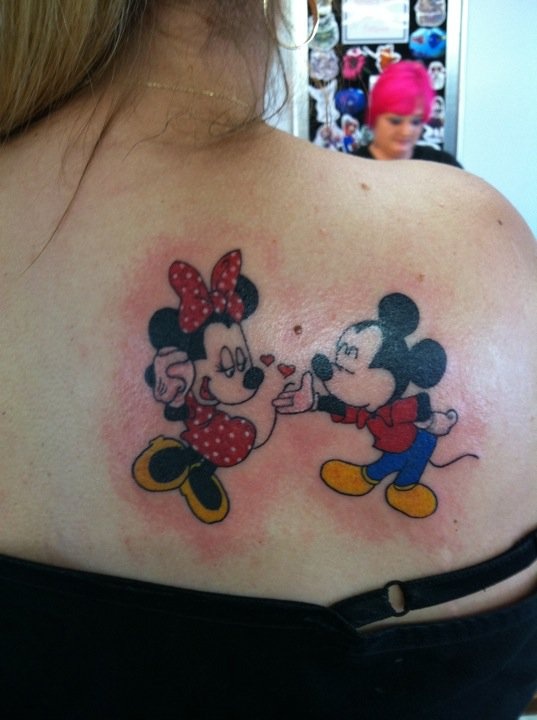 Lovely Minnie and Mickey back tattoo