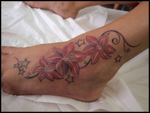 Lovely coloured flower ankle tattoo