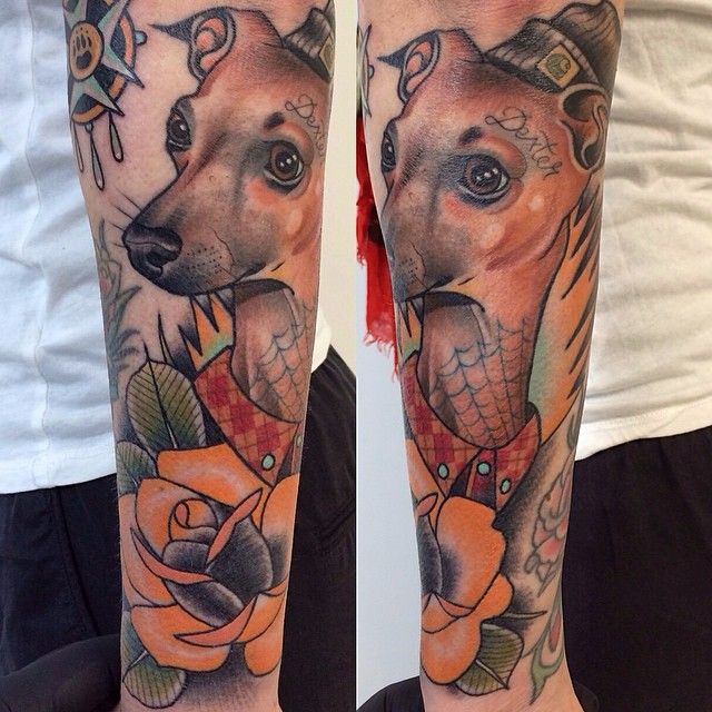 Lovely dog tattoo by Alex Dorfler