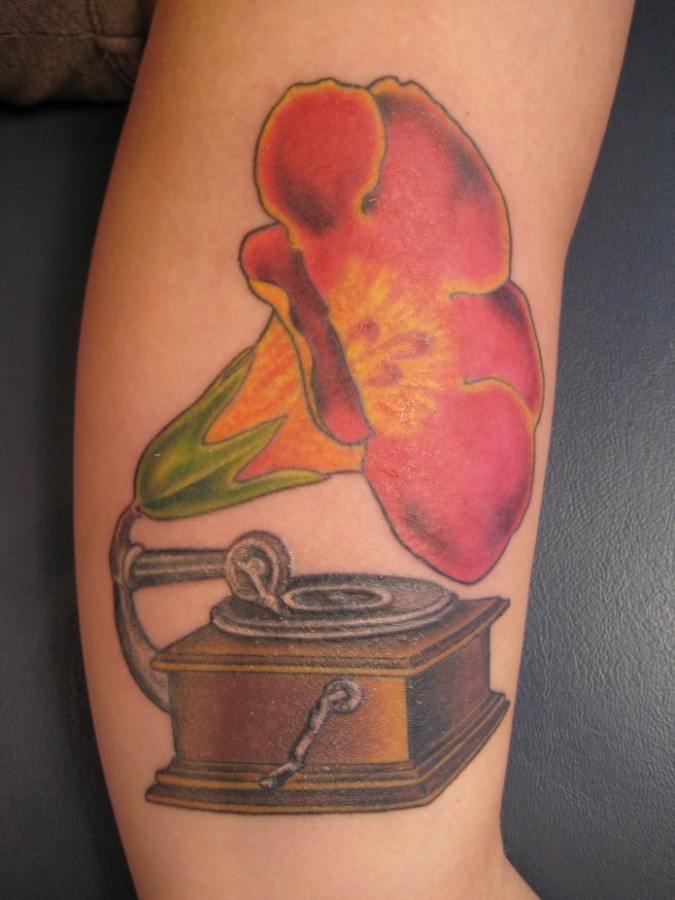 Lovely gramophone flower tattoo