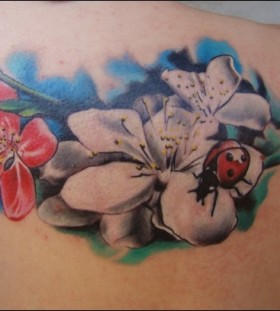 Lovely ladybug and flowers tattoo
